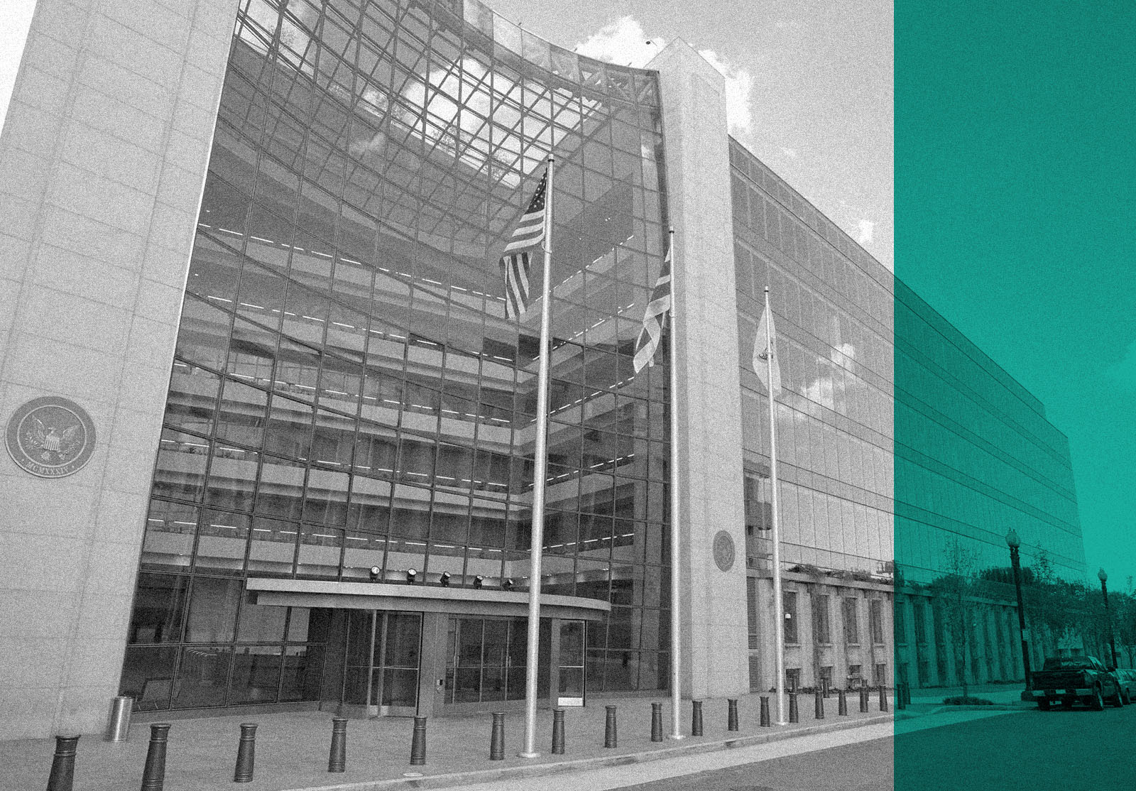 Securities and Exchange Commission, SEC, Building in Washington DC. The SEC regulates stocks and bonds and related financial activities.